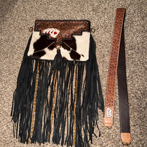 Haute Southern Hyde Fringe Bag with Tooled Leather Strap and Details - Picture 4 of 4